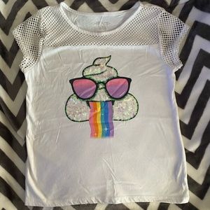 💩🌈 Girl’s white t-shirt with a poop emoji.